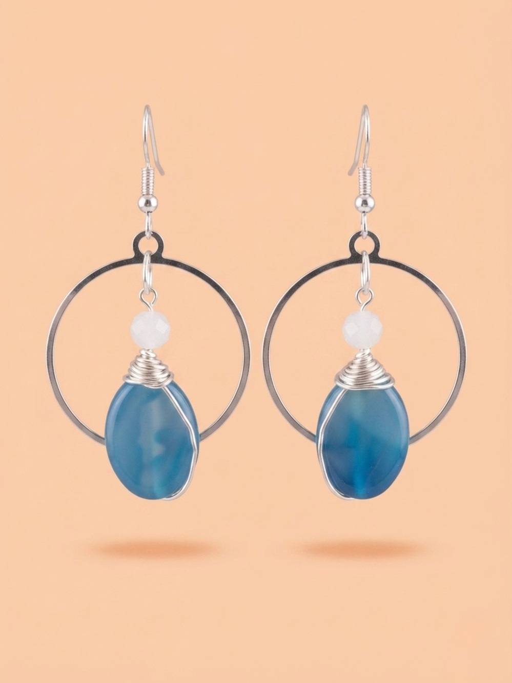 HandmadeSilver Hoop Drop Earrings with Blue Agate and White Accent